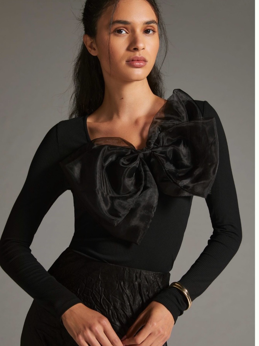 Sunday in Brooklyn Black Long-Sleeve Top with Oversized Bow